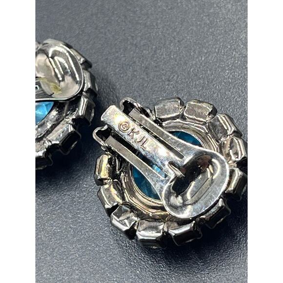 Kenneth Jay Lane‎ Vintage Aquamarine Color Button Clip Gunmetal Earrings - Picture 10 of 12